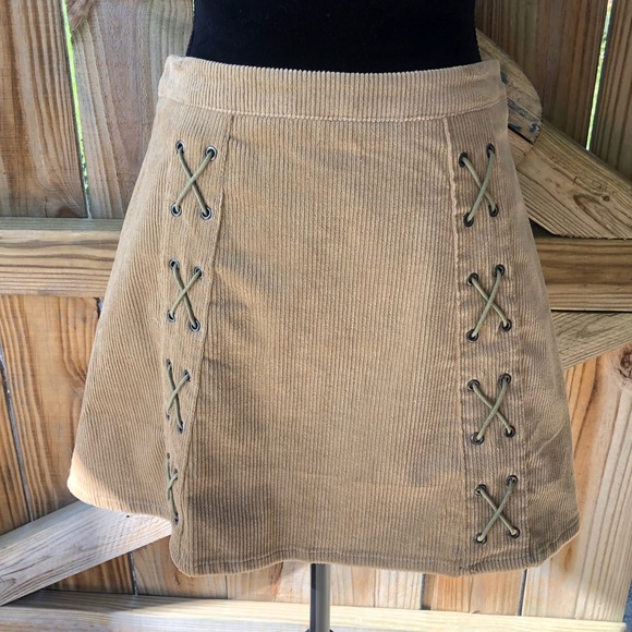 Pants Store Dresses & Skirts - Tan Corduroy Criss Cross Lace Front Mini Skirt